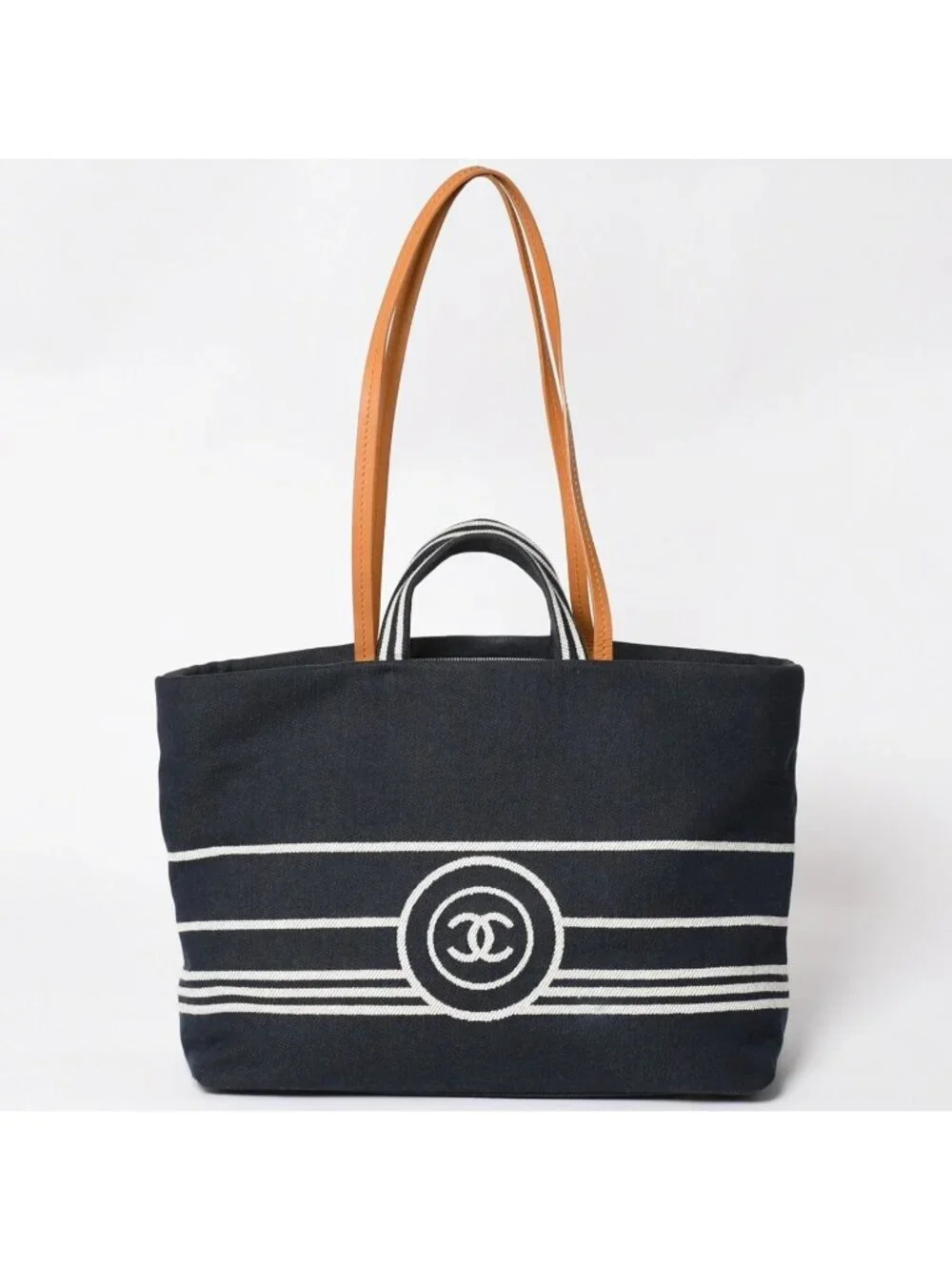 Chanel 2-Way Tote Bag CC Logo Denim Leather Navy Brown Silver